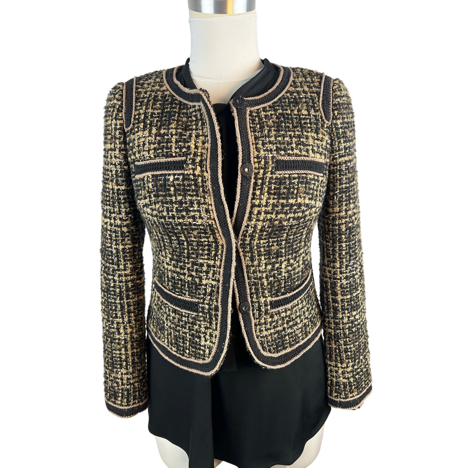 Trina Turk Tweed Cropped Jacket Size 2 Black Gold Wool Blend Made Usa